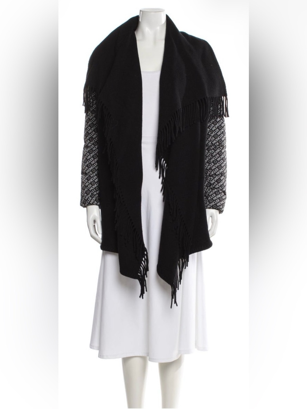 Moncler Coat Poncho - Wool Down Jacket - Size XXS Black Fringe Draped Open-Front